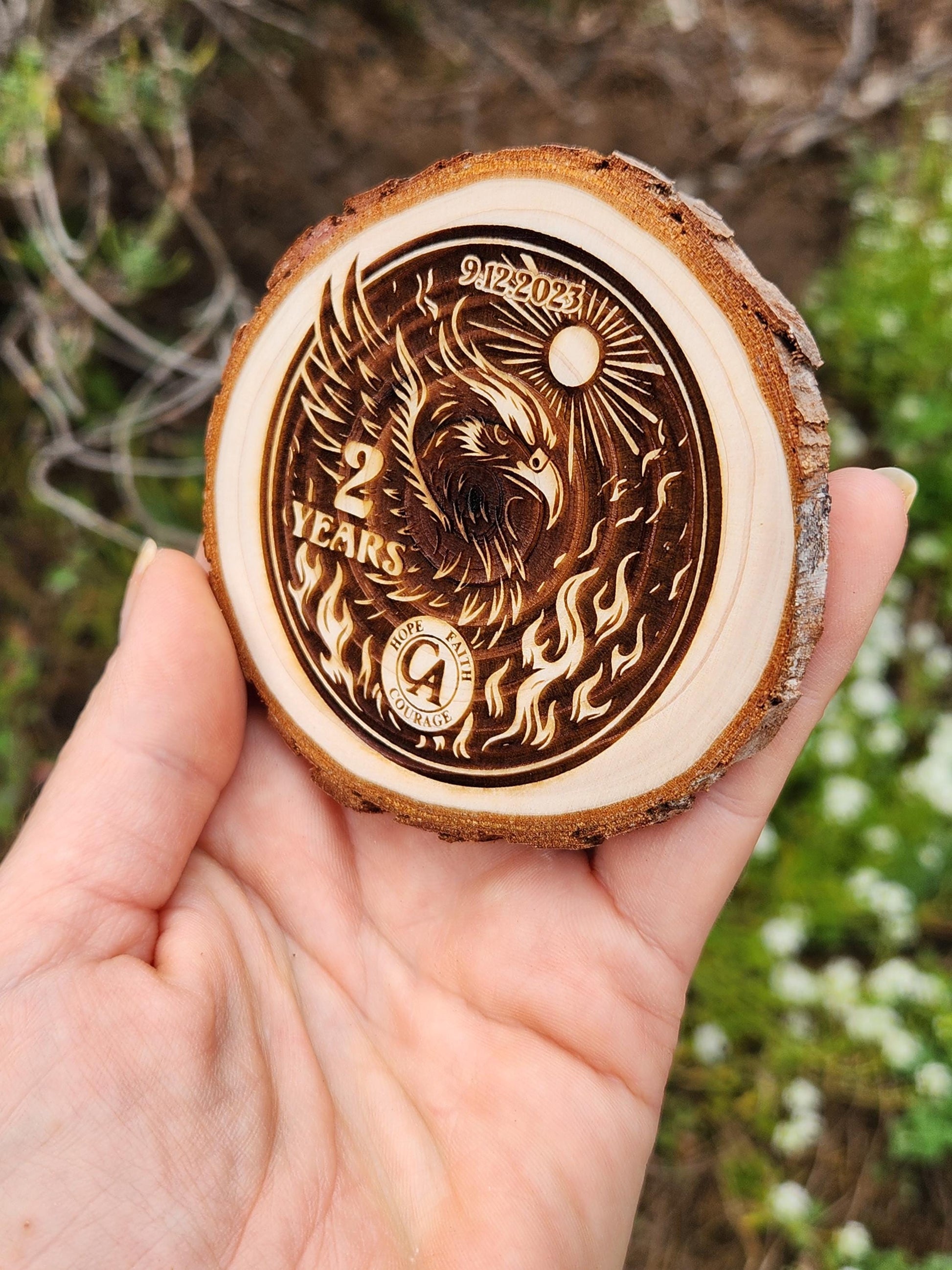 Fiery Phoenix recovery chip back with serenity prayer