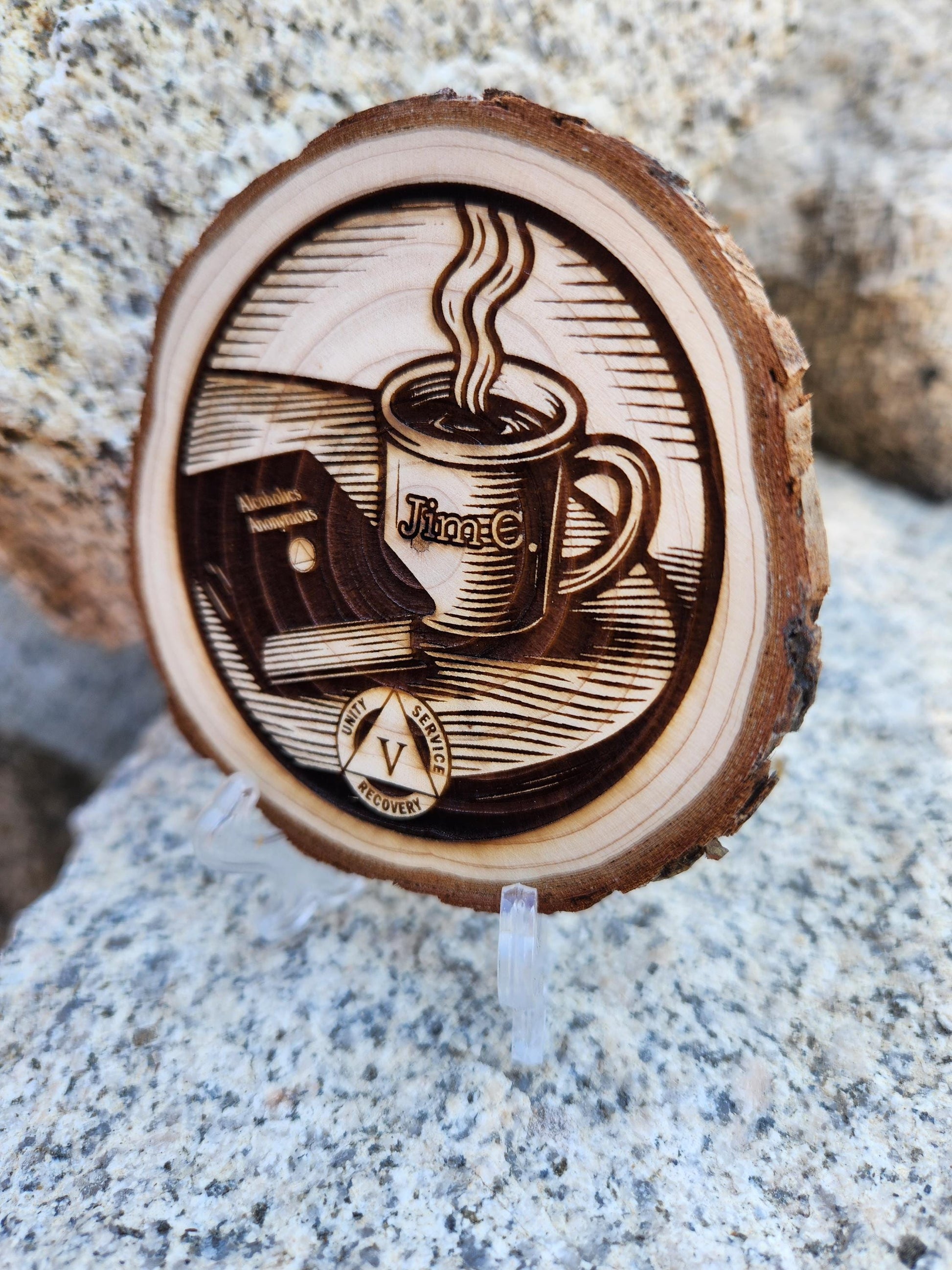 AA Milestone Medallion: Coffee & Big Book Engraved Wood Token - Custom Wood Token Close-Up View