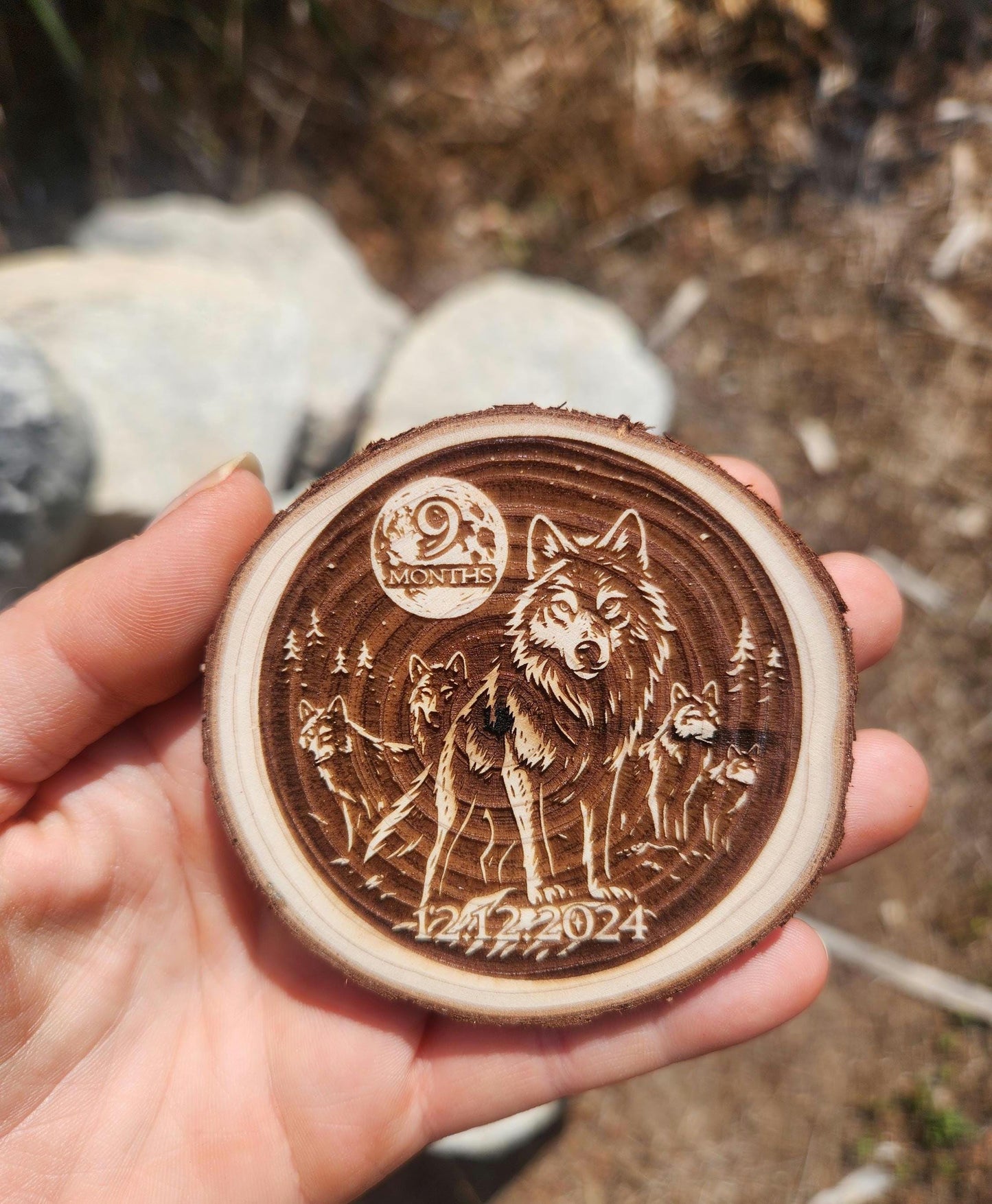 Leader of the Wolf Pack wood medallion natural grain detail