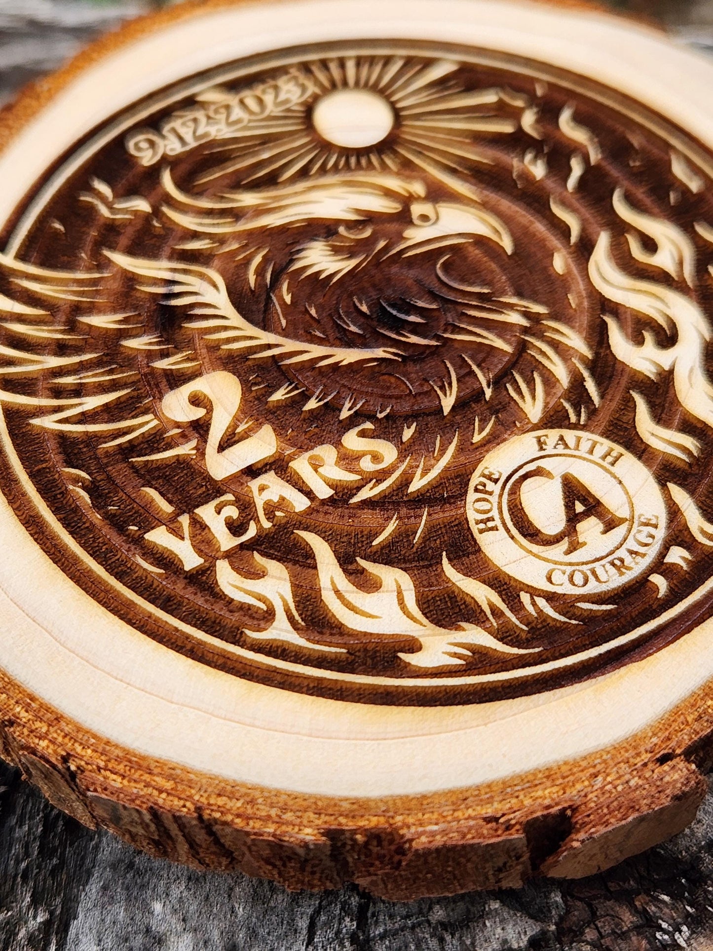 Fiery Phoenix personalized AA sobriety medallion front view