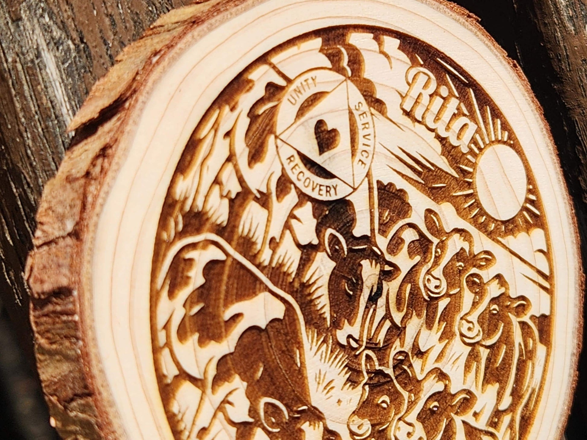 Happy Cows personalized AA sobriety medallion front view