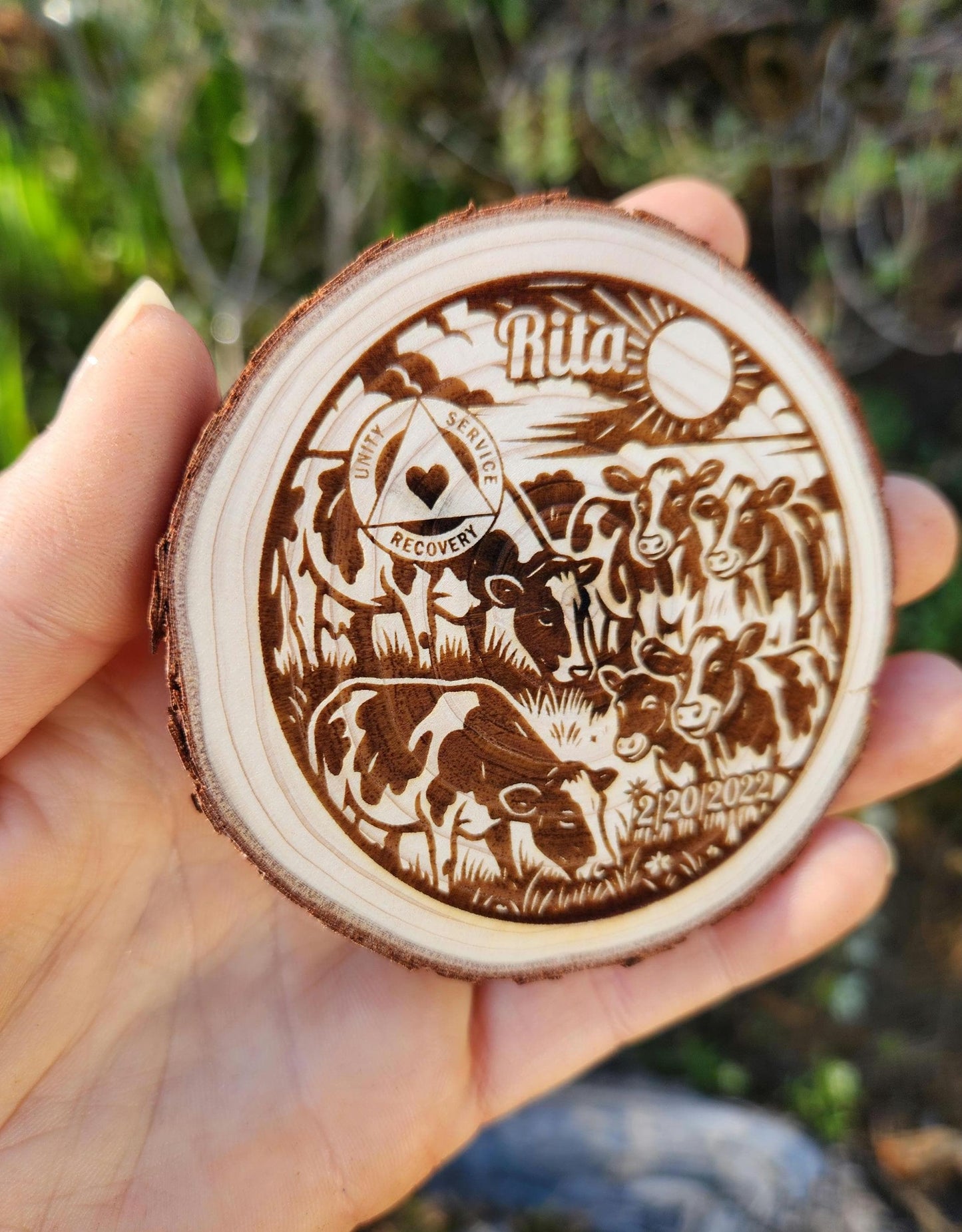 Happy Cows recovery chip back with serenity prayer