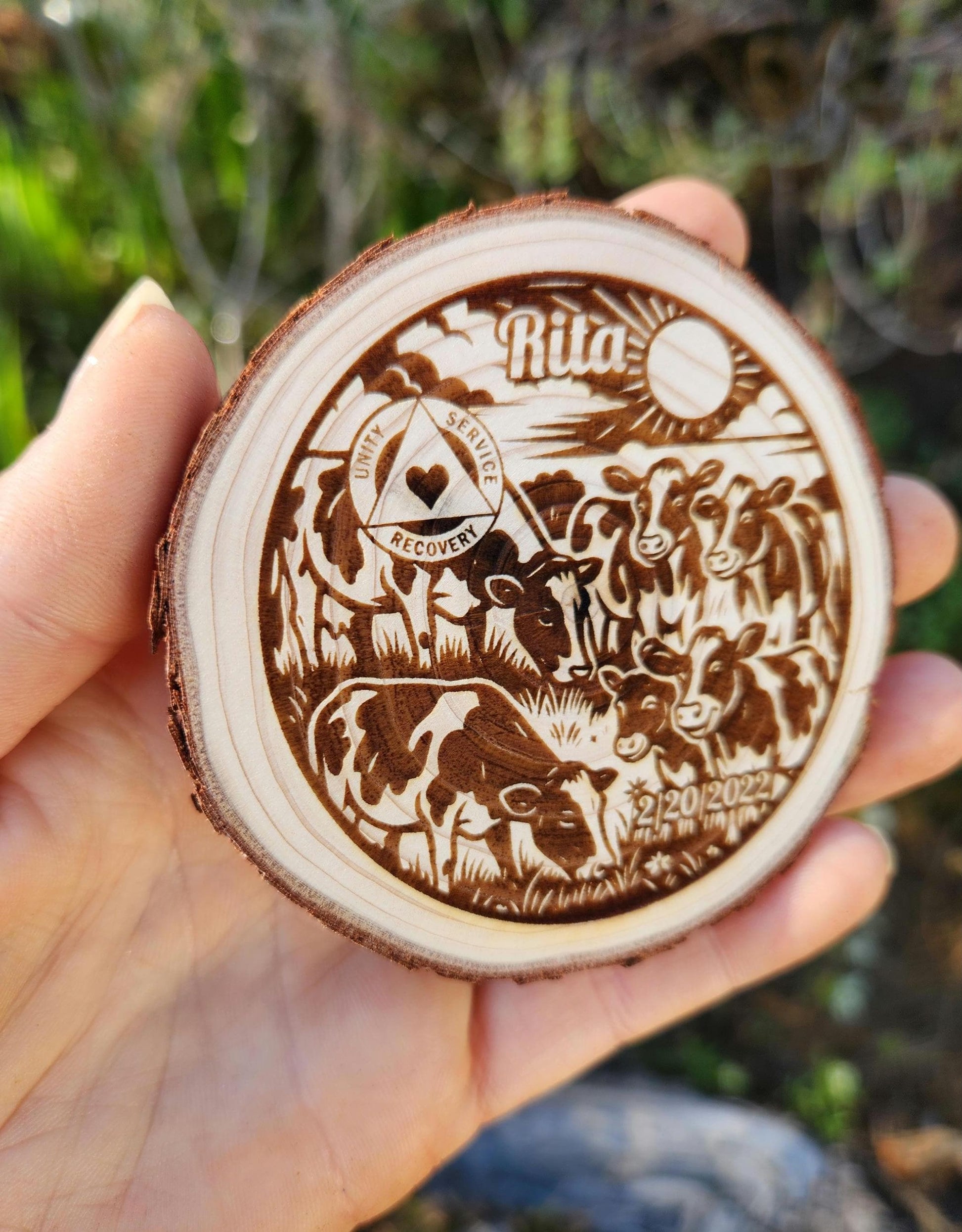 Happy Cows recovery chip back with serenity prayer