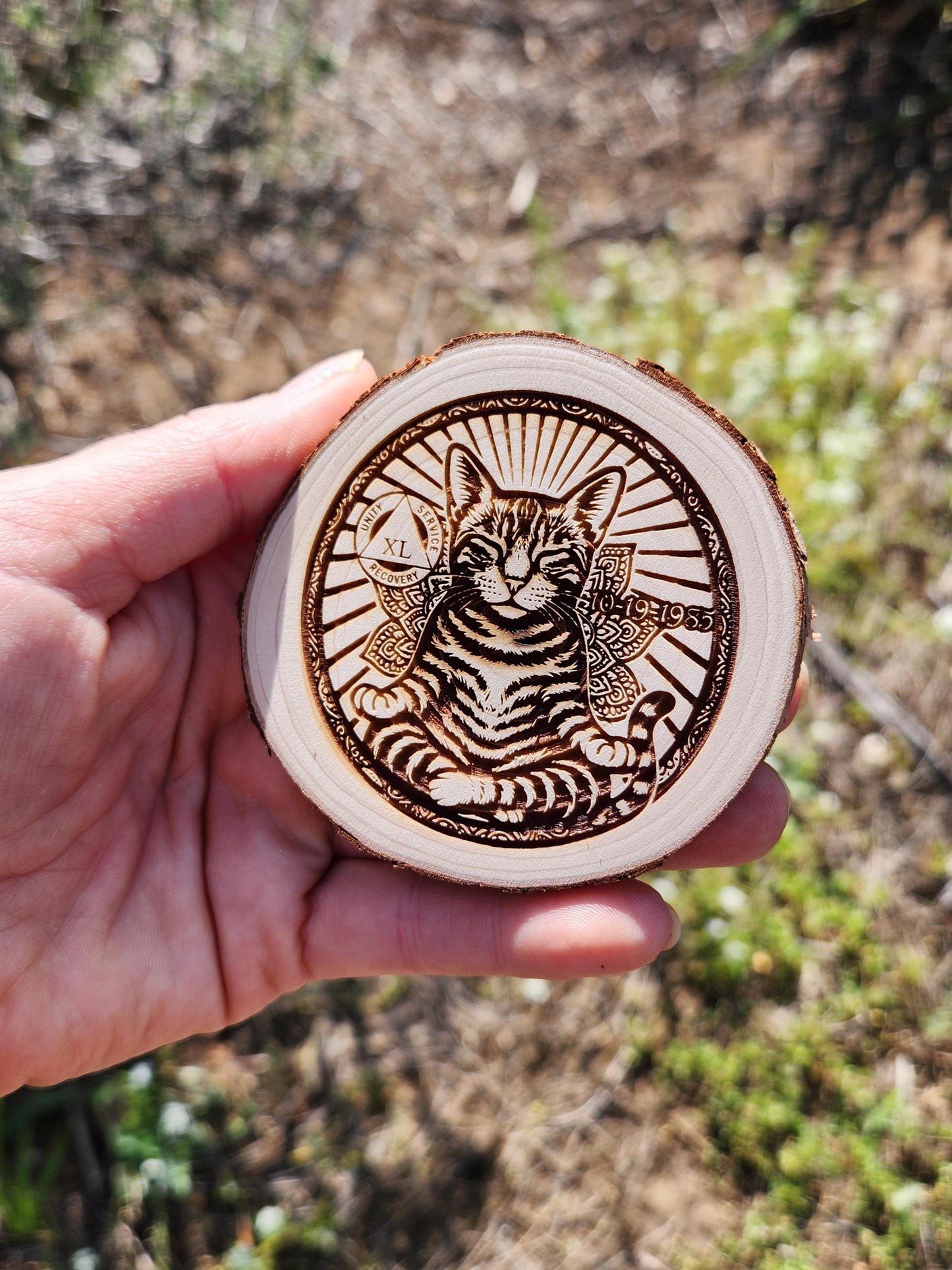 Sobriety Coin: Peaceful Cat Engraved wood medallion natural grain detail