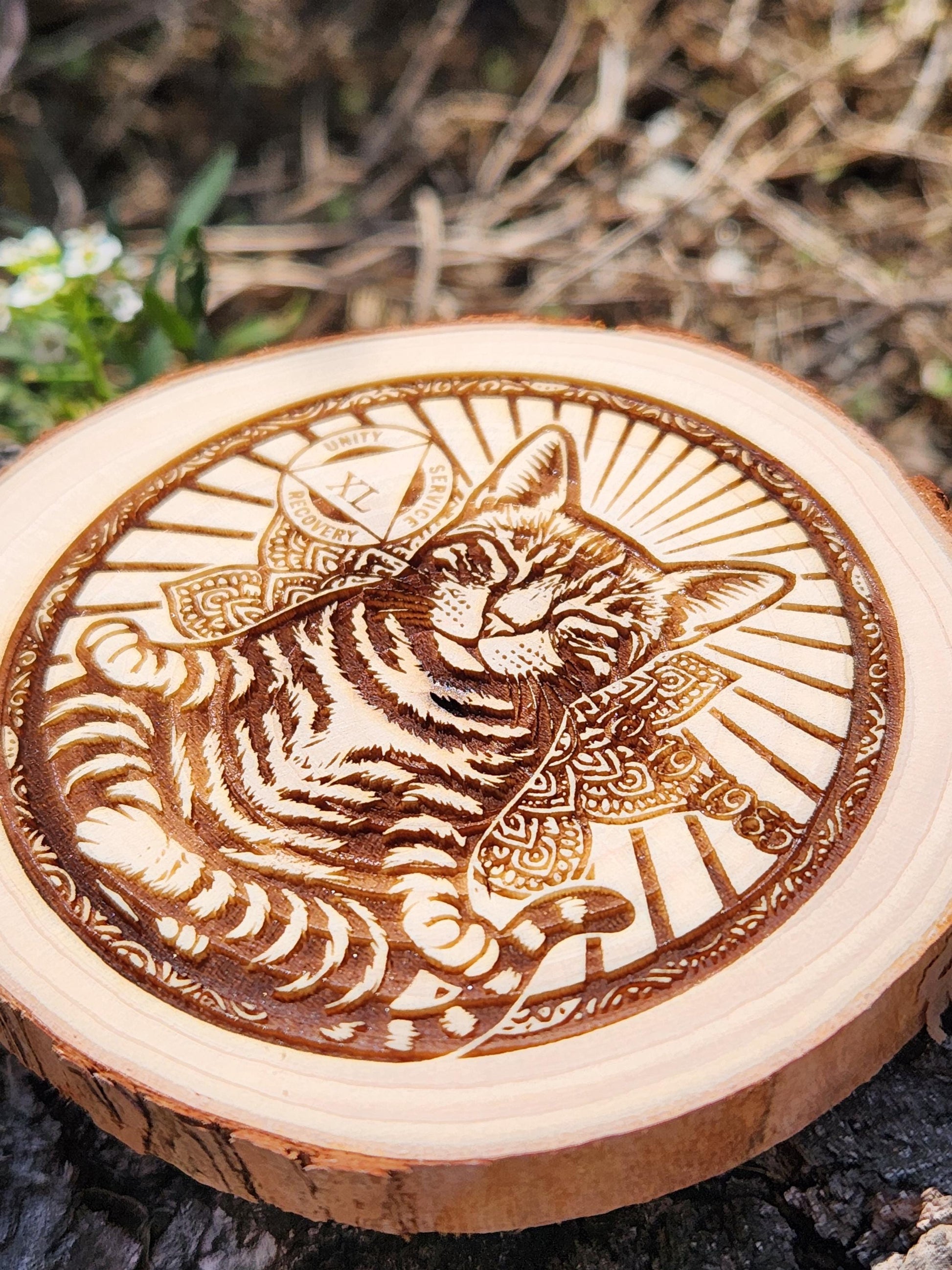 Sobriety Coin: Peaceful Cat Engraved personalized AA sobriety medallion front view