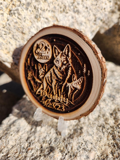 Leader of the Coyote Pack wood medallion natural grain detail