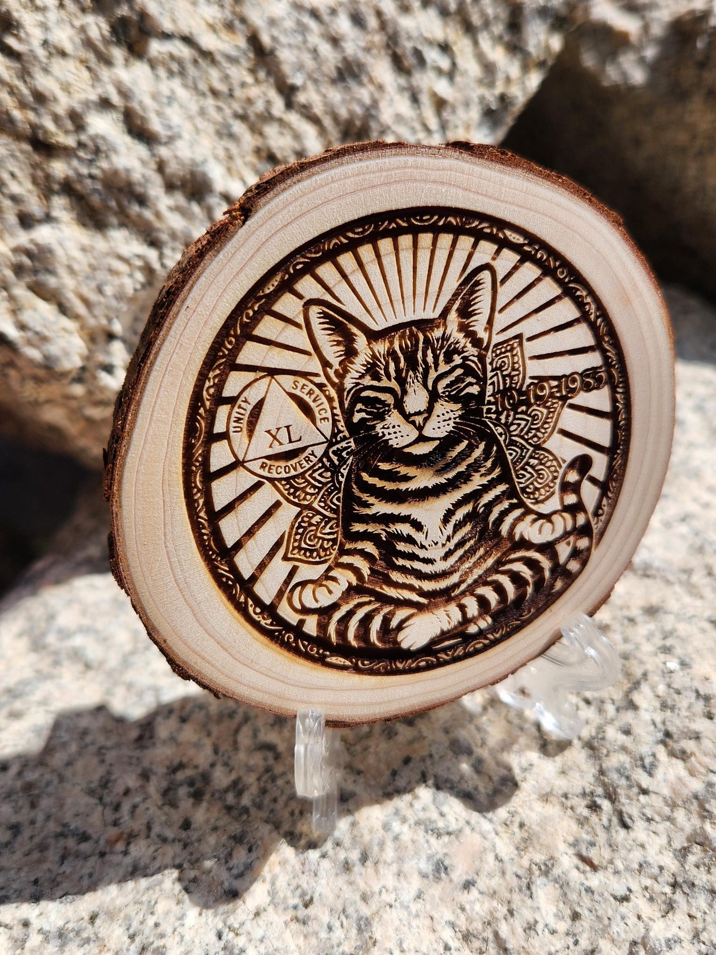 Sobriety Coin: Peaceful Cat Engraved AA NA recovery gift with display stand