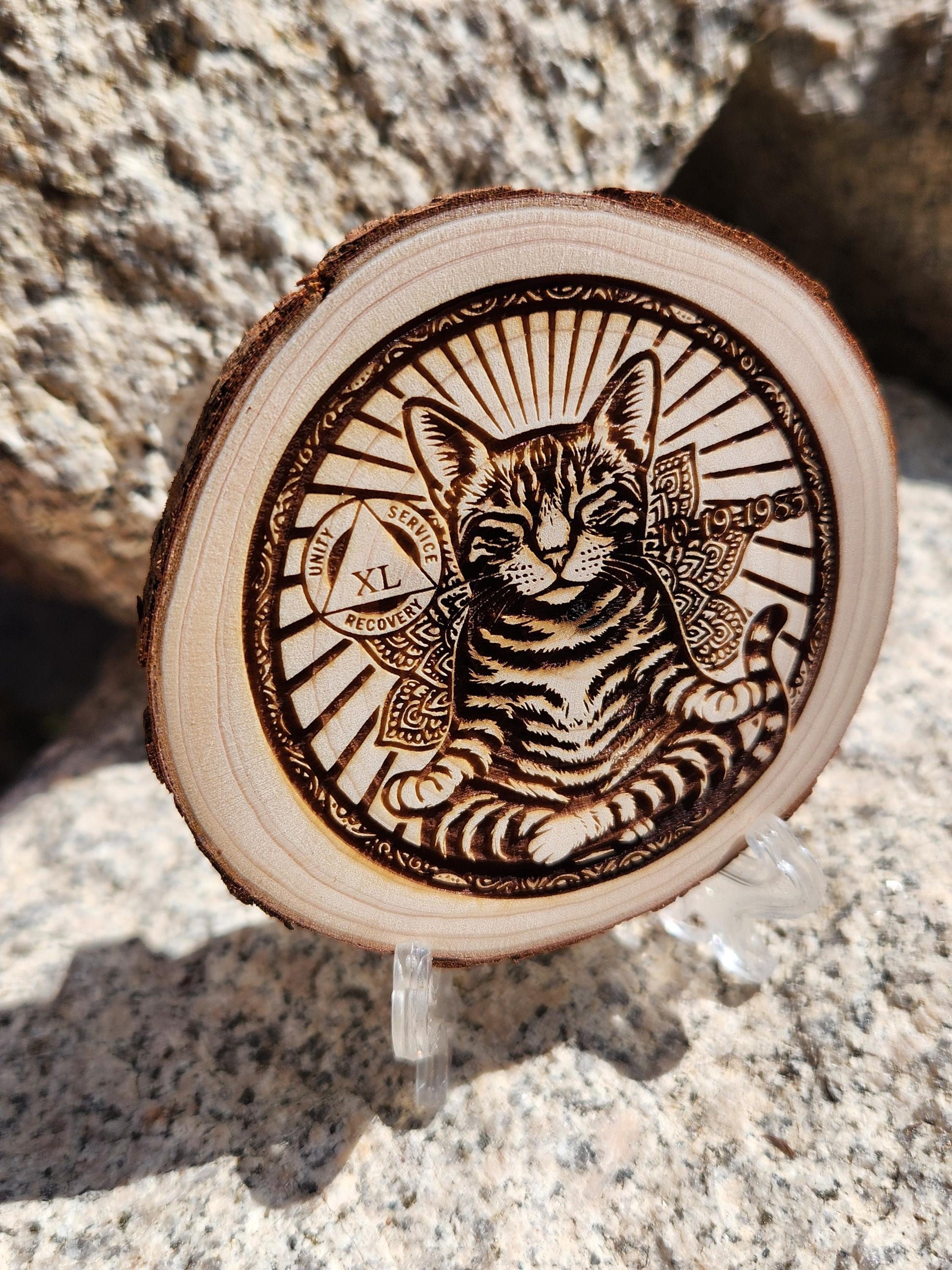 Sobriety Coin: Peaceful Cat Engraved AA NA recovery gift with display stand