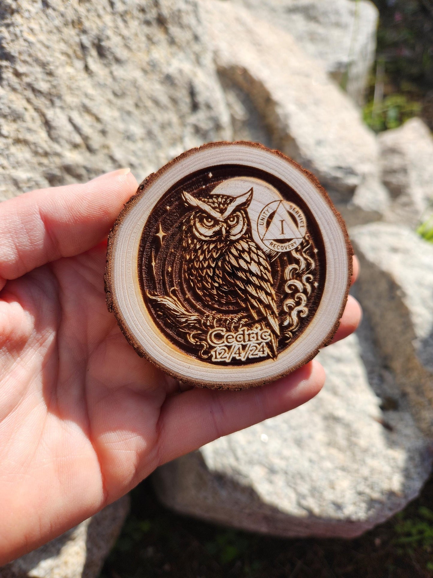 Owl of Integrity personalized AA sobriety medallion front view