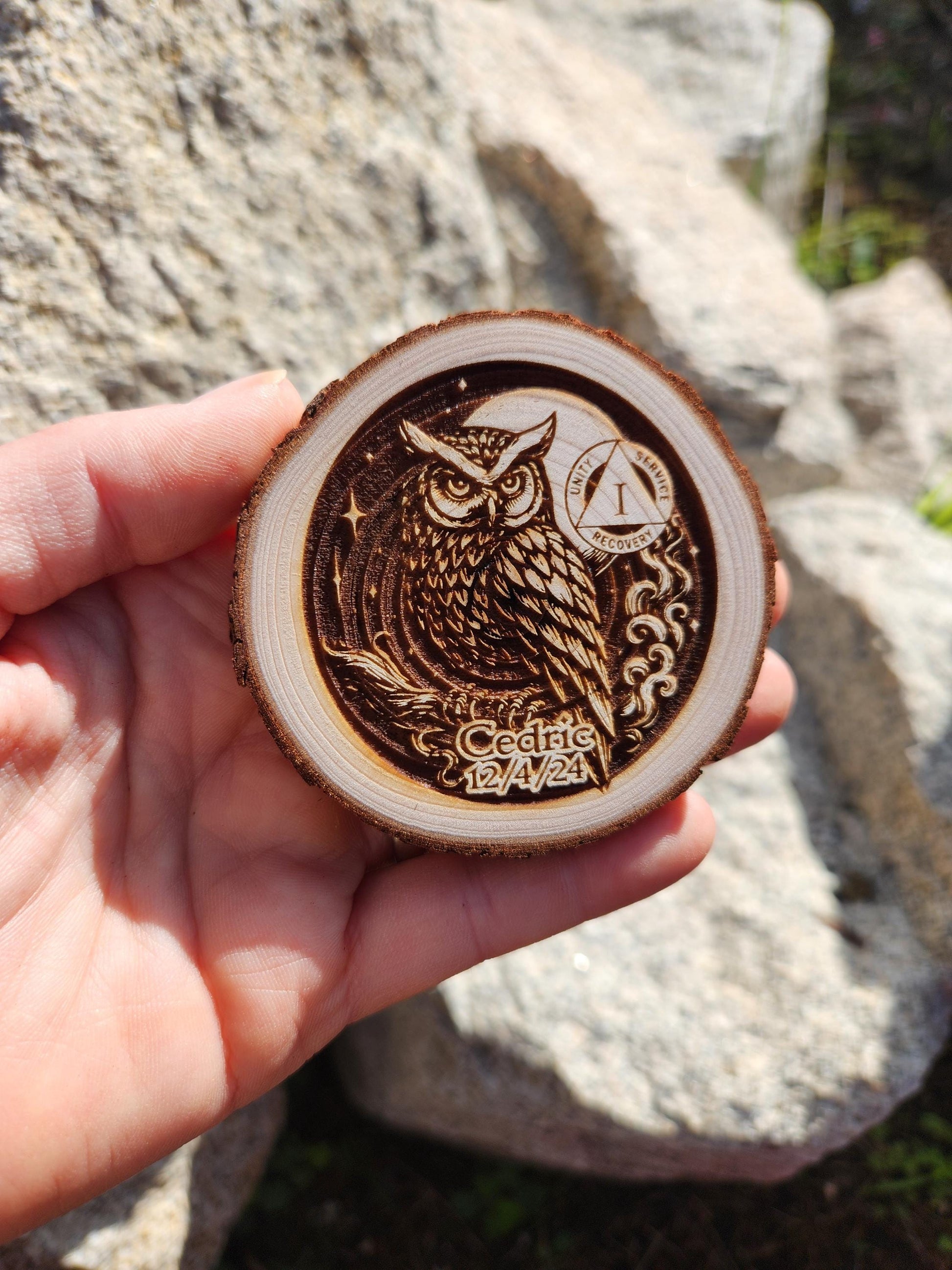 Owl of Integrity personalized AA sobriety medallion front view