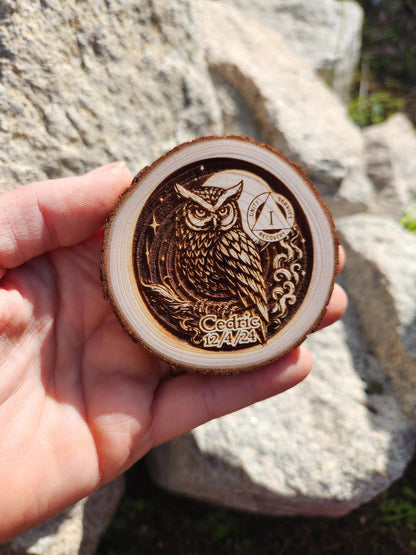 Owl of Integrity personalized AA sobriety medallion front view