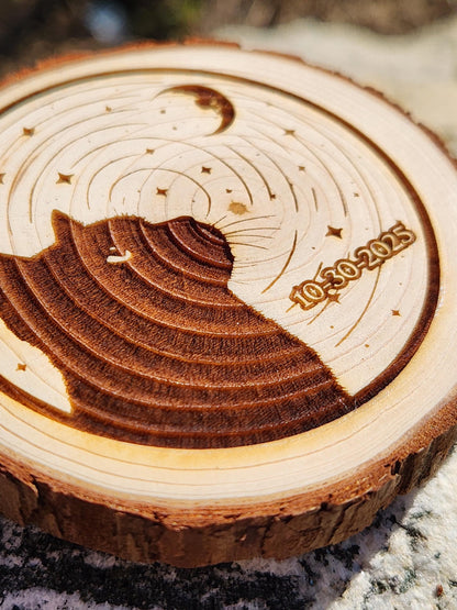 Sobriety Token: Black Cat Night wood medallion natural grain detail