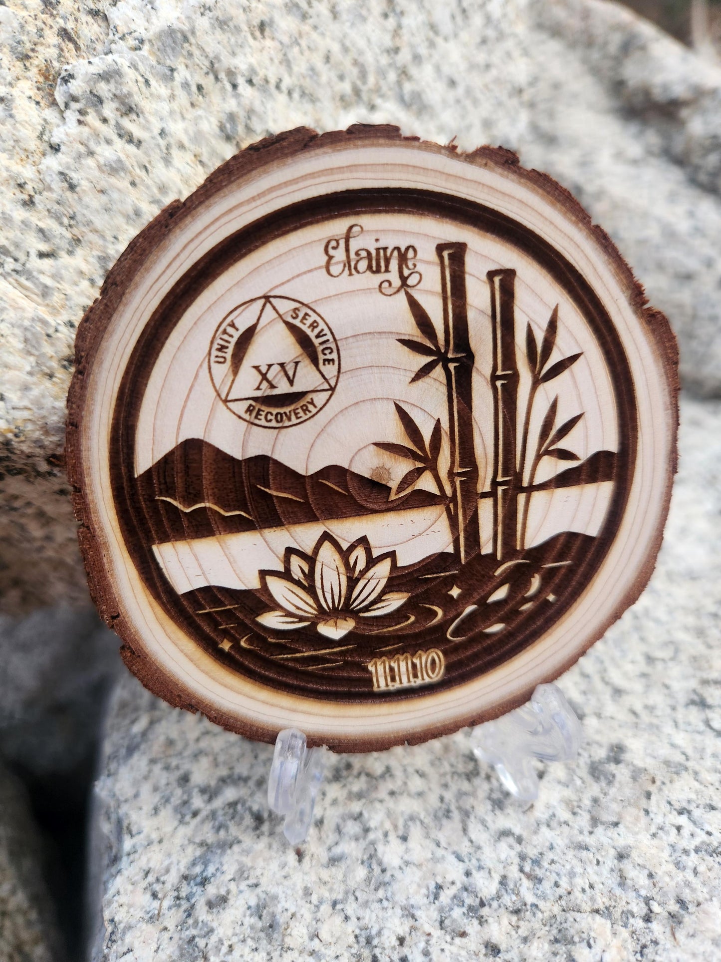 Sobriety Token with Bamboo & wood medallion natural grain detail