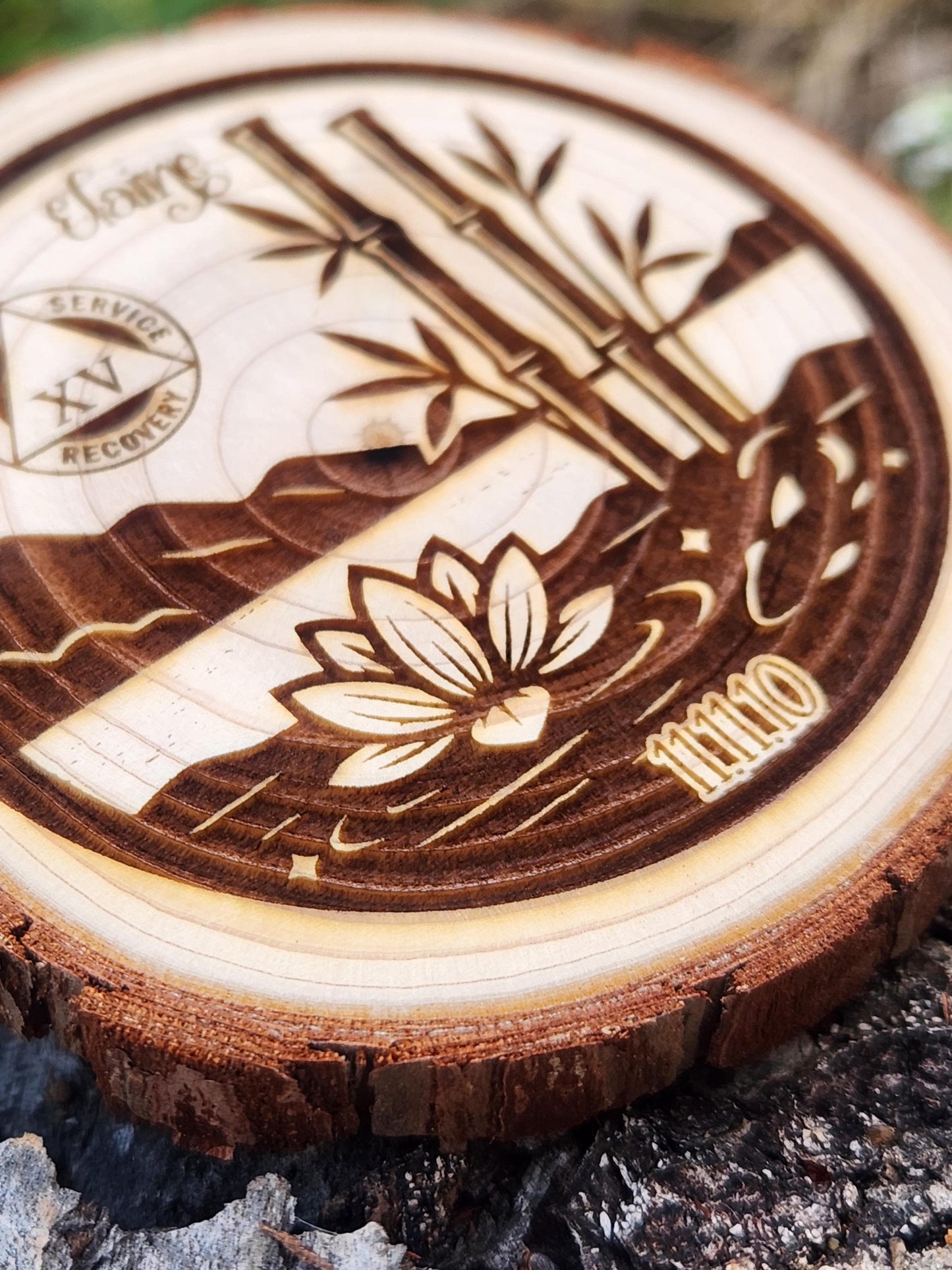 Sobriety Token with Bamboo & personalized AA sobriety medallion front view