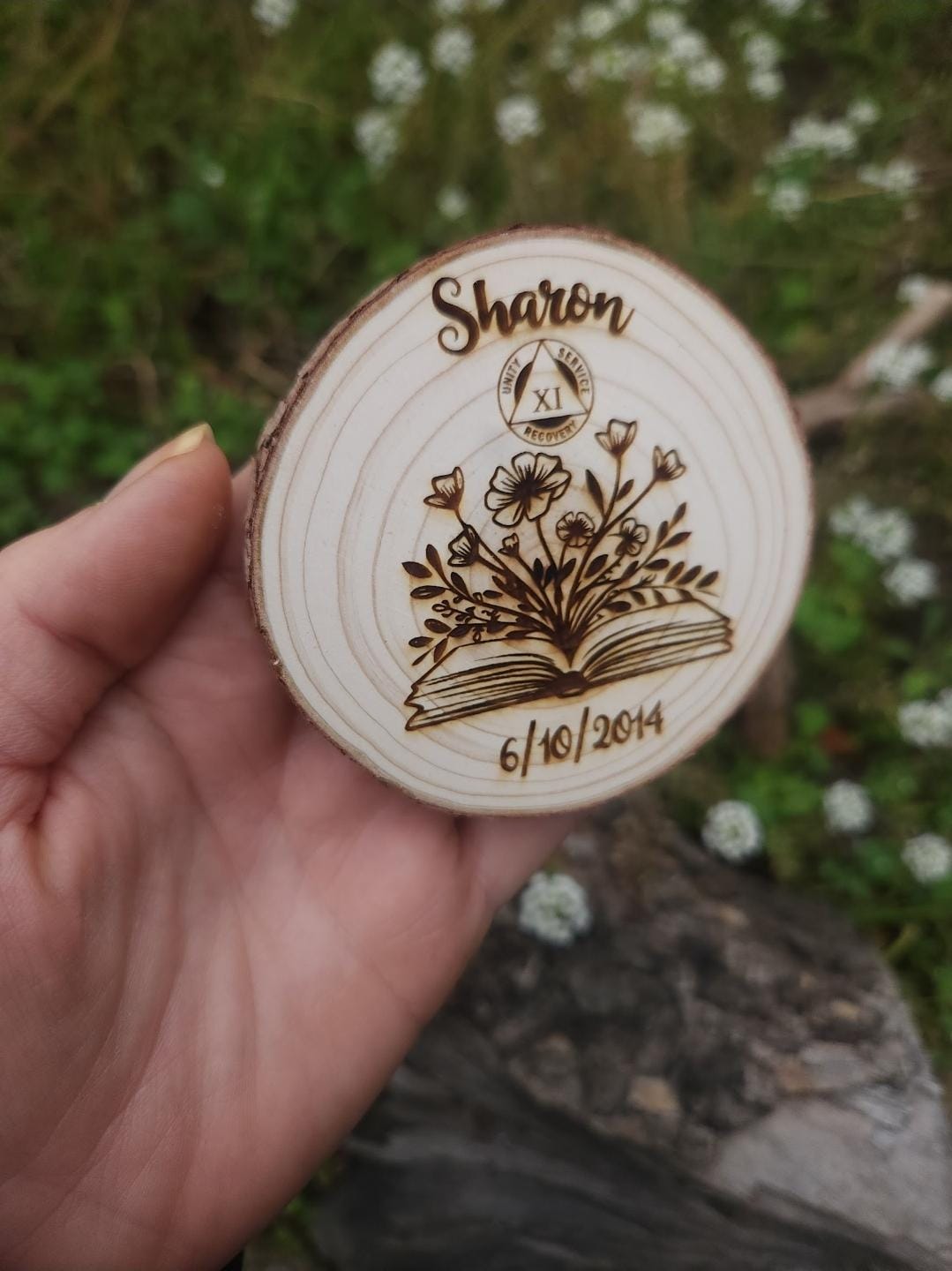 Book of Love wood medallion natural grain detail