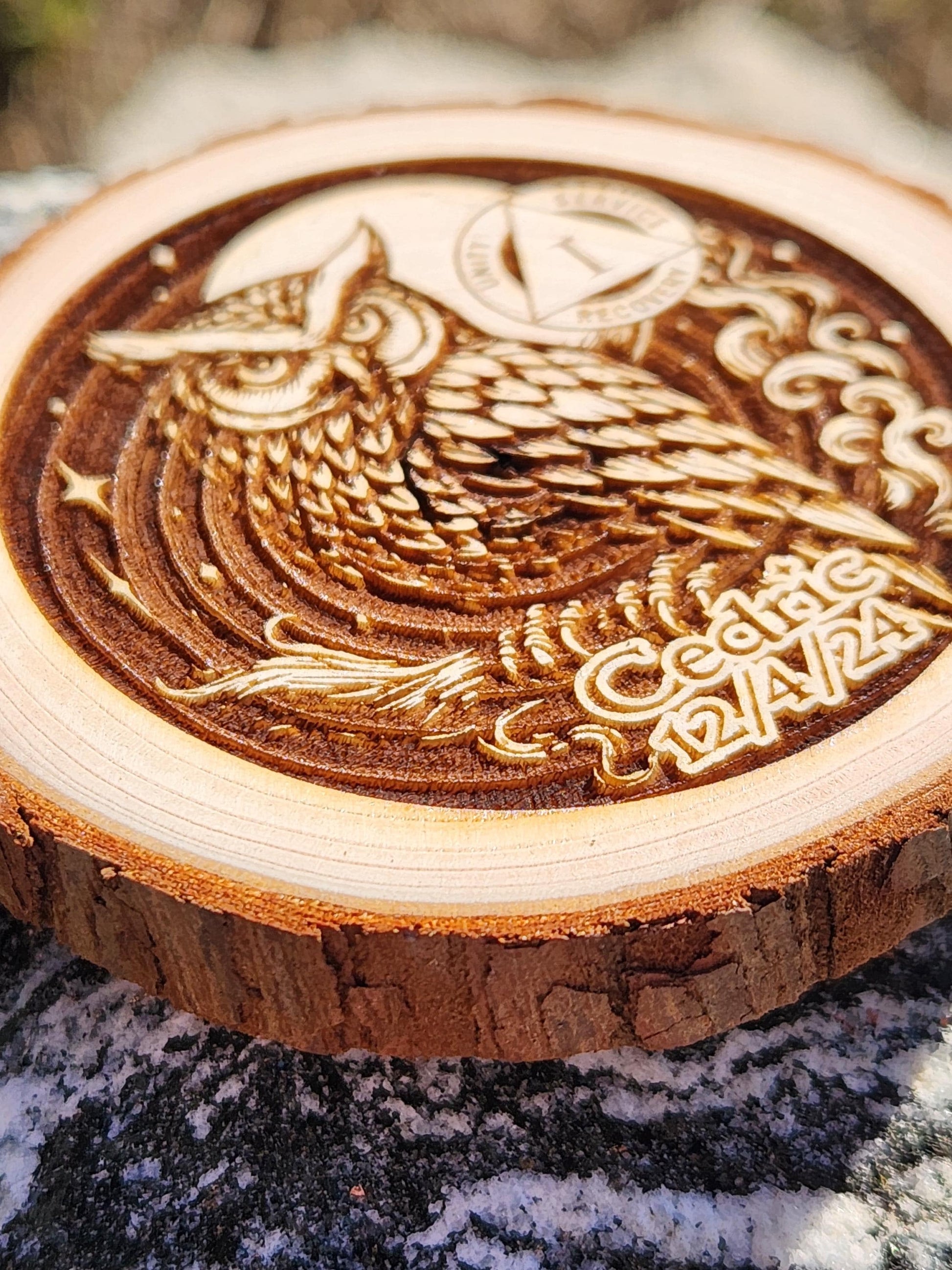 Owl of Integrity recovery chip back with serenity prayer