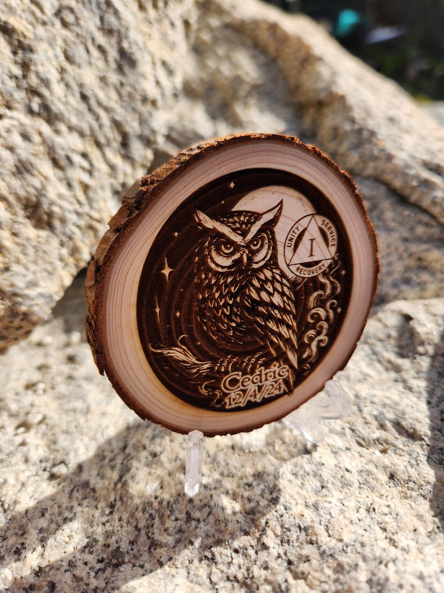 Owl of Integrity wood medallion natural grain detail