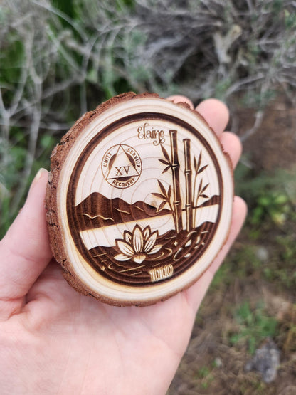 Sobriety Token with Bamboo & recovery chip back with serenity prayer